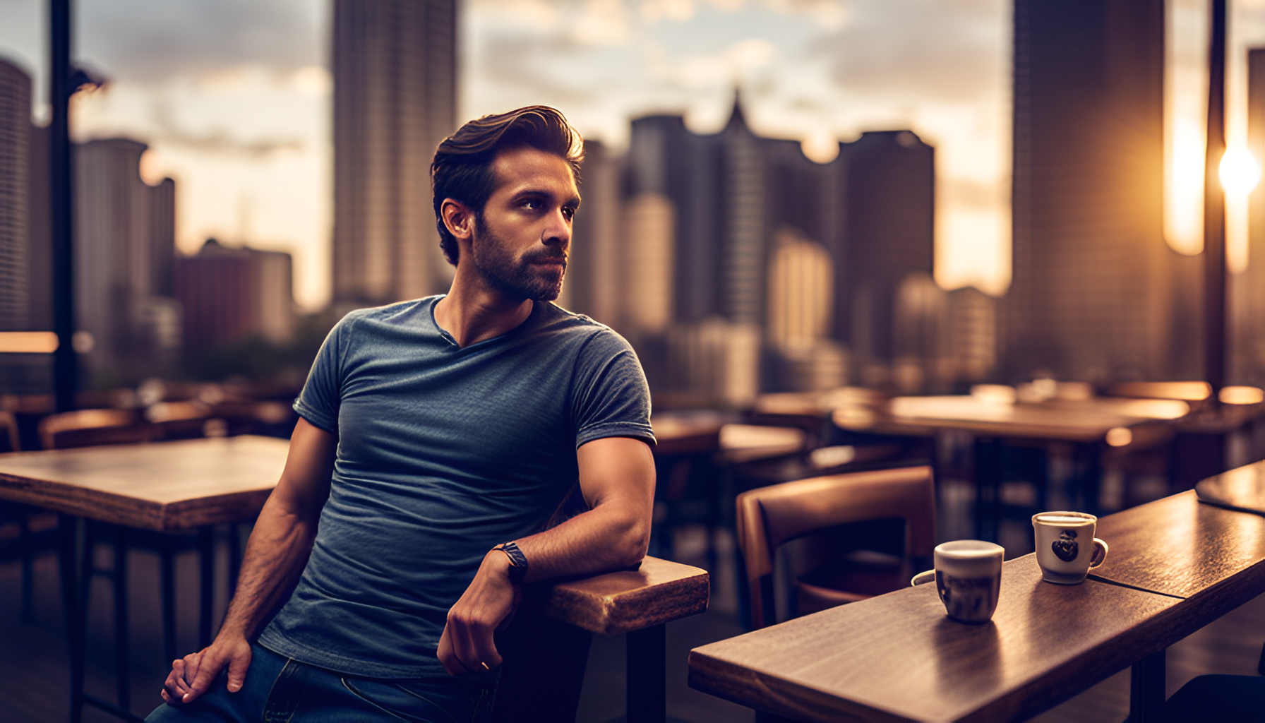 The Simple Joys of a Casual Café Moment: T-Shirt, Jeans, and a Cup of Coffee